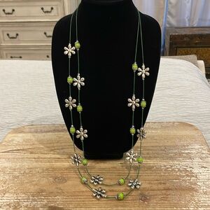 Vintage Silver Tone Green Daisy Floral Flower Double Layer Strand Long Necklace